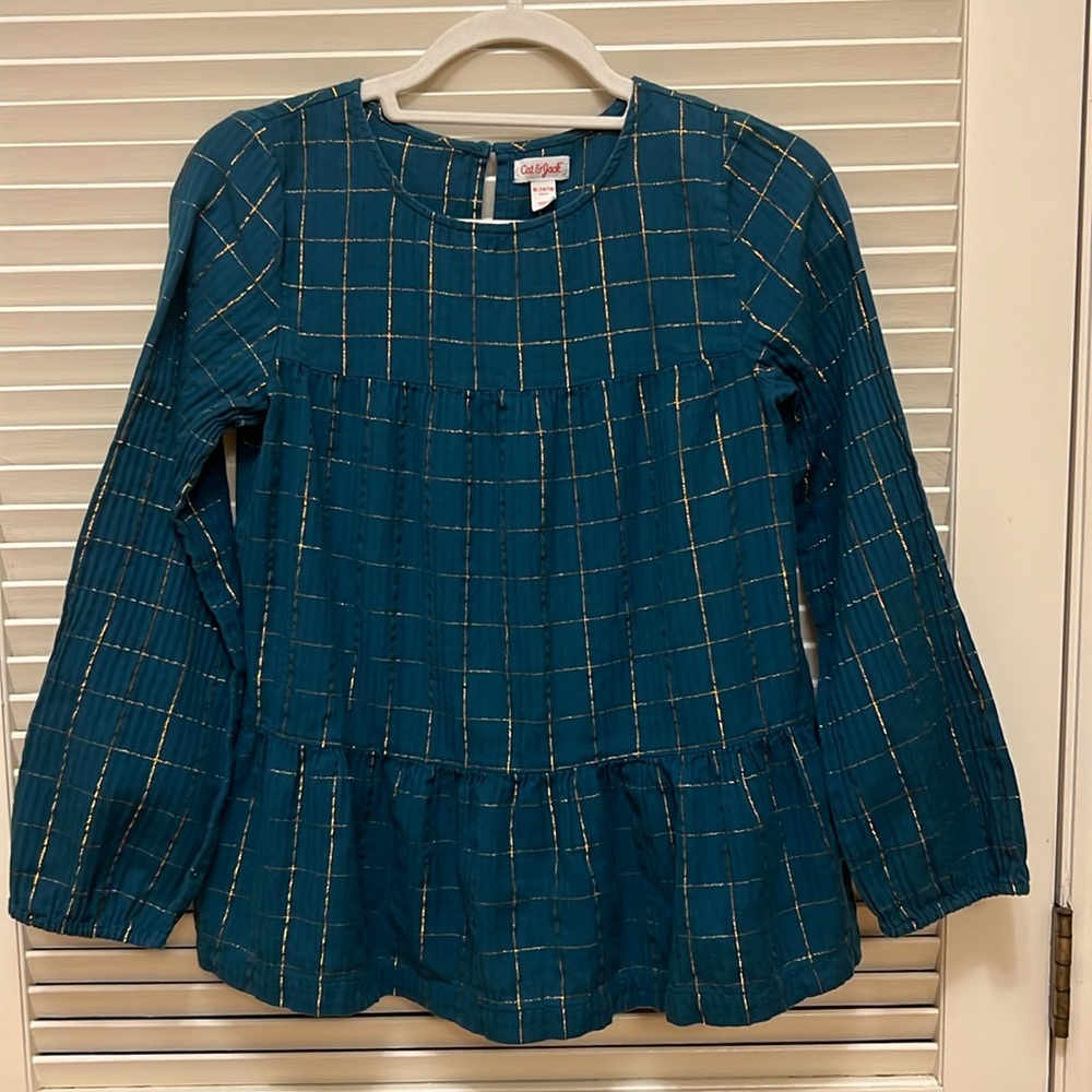 Cat & Jack Gold Metallic Thread Top in Forest Green, Size XL (14-16), EUC